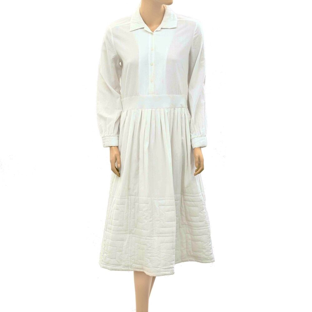 La Dovitch Solid Shirt Midi Dress Collared White Long Sleeve Cotton S New 251475